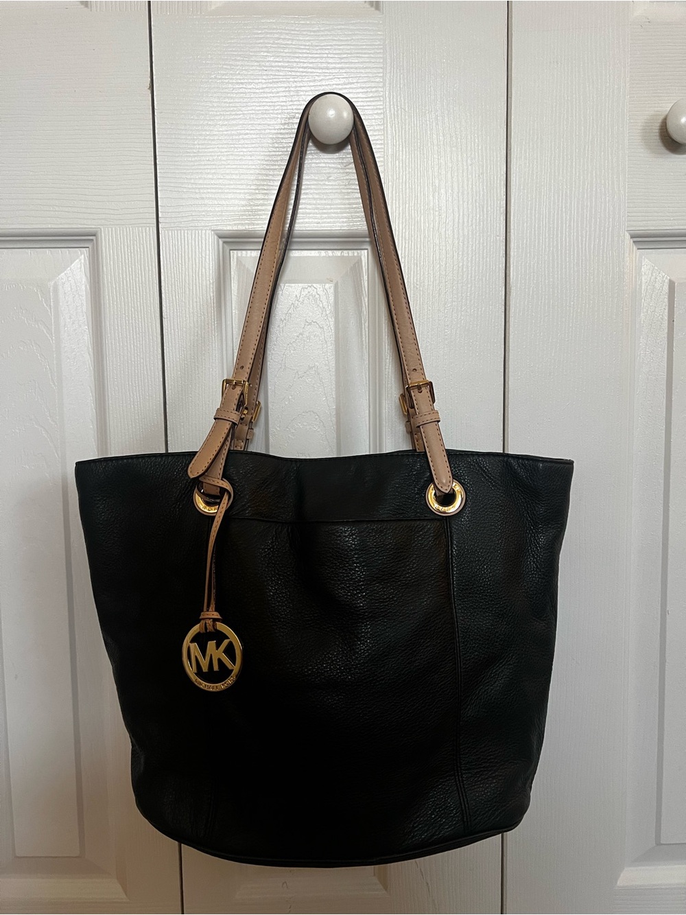 Michael Kors Black Leather Tote with Tan Straps and wallet